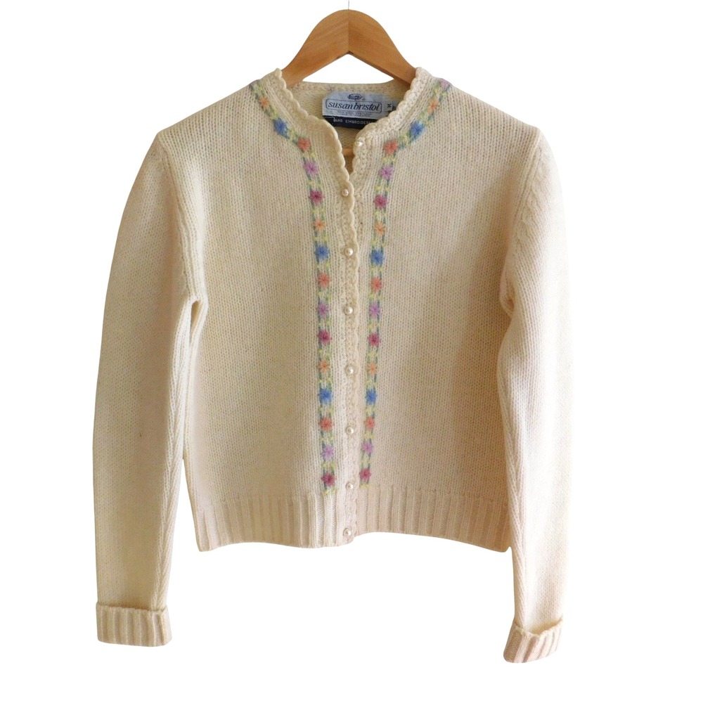 Vintage Susan Bristol Shetland Shetland Wool Sweater Cardigan Embroidered Size M